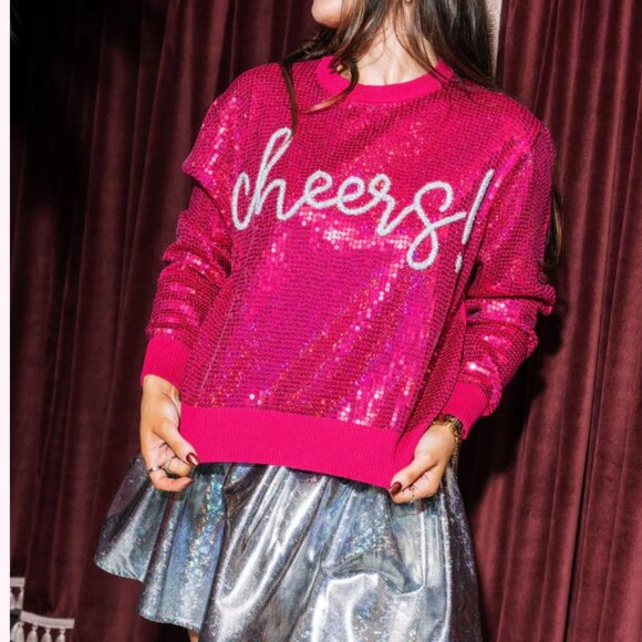 NWT QUEEN OF SPARKLES Hot Pink Full Sequin Cheers Sweater - Picture 4 of 12